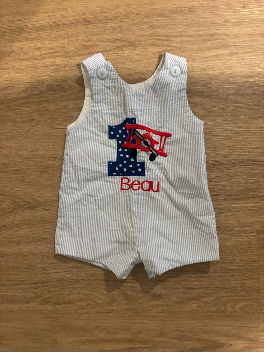 First Birthday Seersucker Romper with Airplane